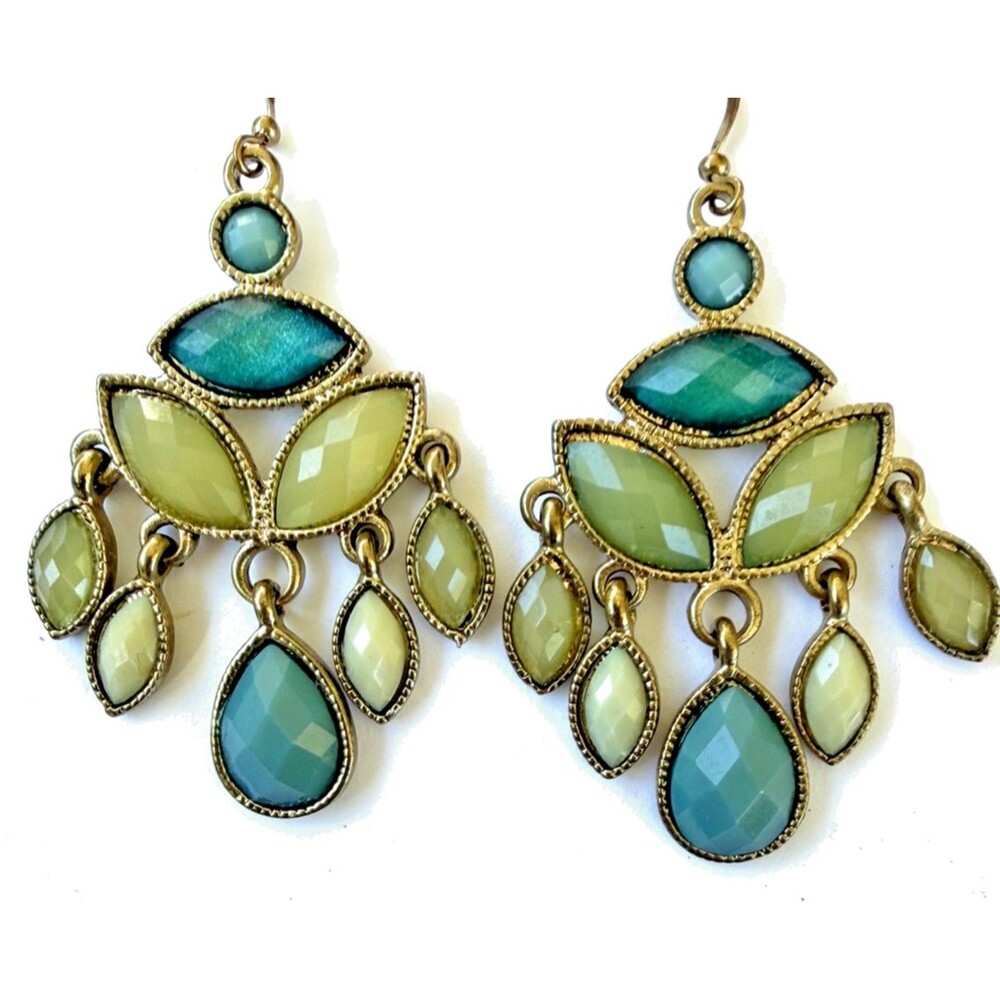 Boho Green Teal Chandelier Earrings Gold Tone Statement Faceted Glass Dangle